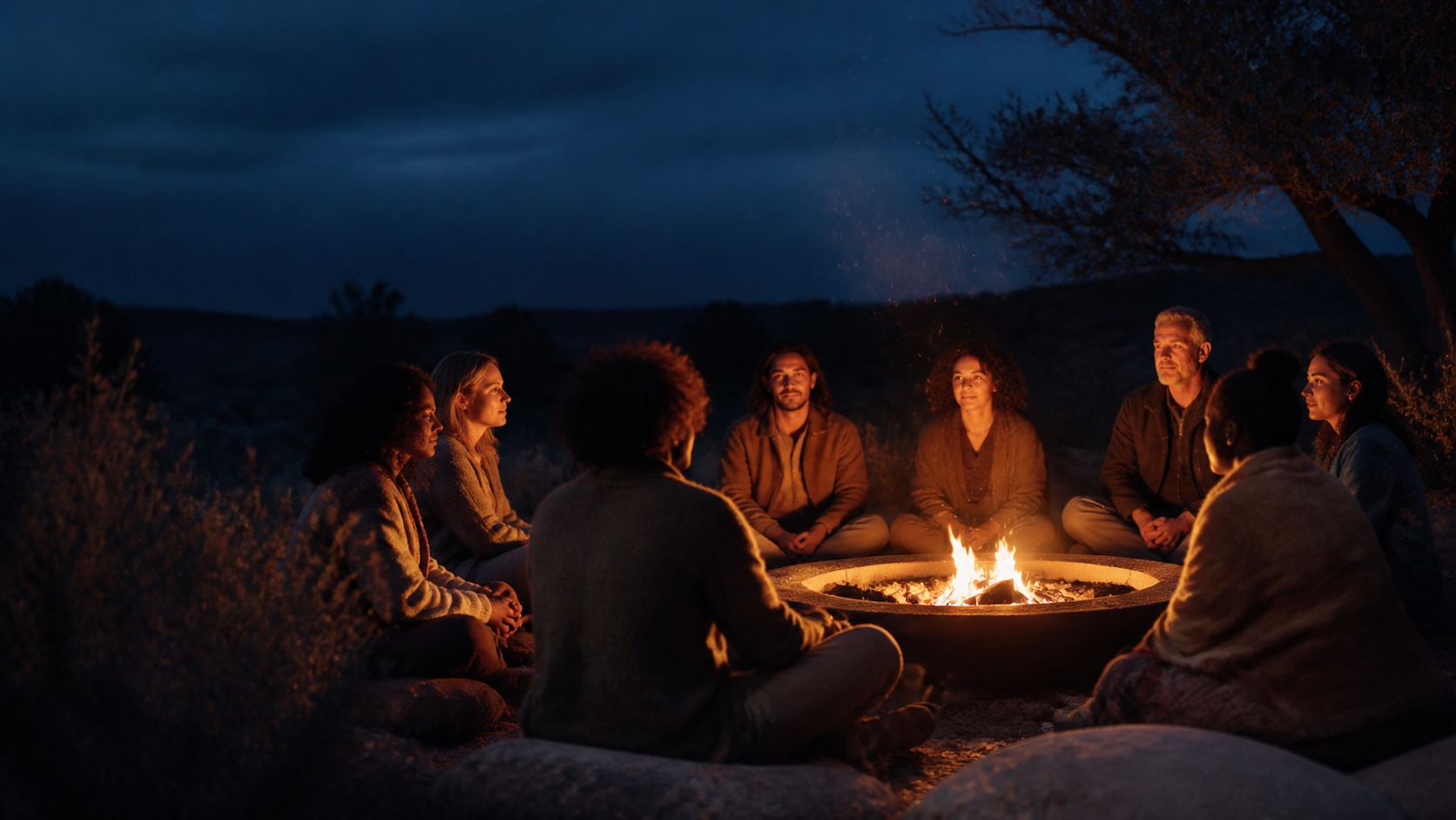 People gathering peacefully around a fire pit at dusk